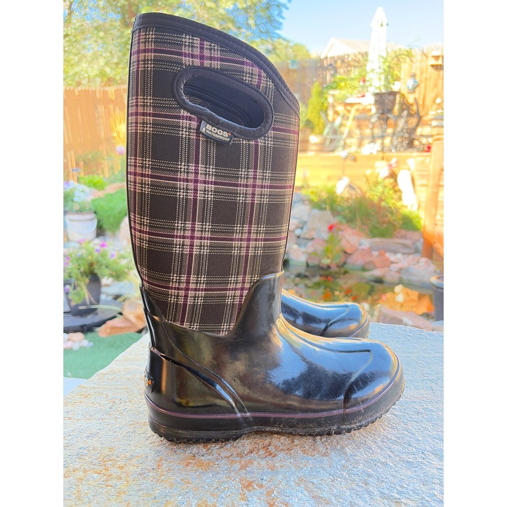 Bogs Classic Winter Plaid Tall Waterproof Rain Boots Black Purple Womens 7